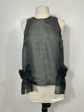 BITE STUDIOS Charcoal Gray 100% Silk Organza Frill Trim Tank Top Blouse Luxury